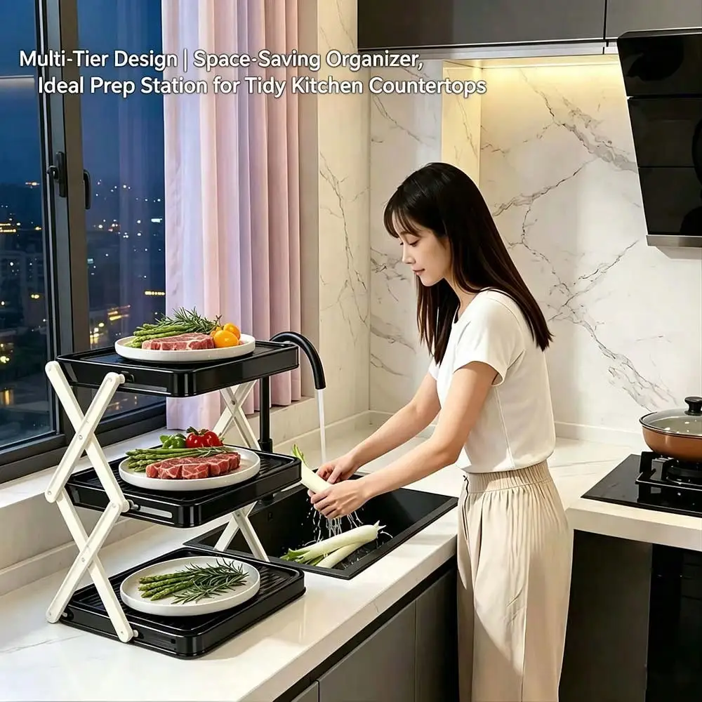 Foldable 3-Tier Food Prep Station, Foldable Kitchen Countertop Serving Rack, Space-Saving Multi-Layer Utensil Storage Rack, Suit
