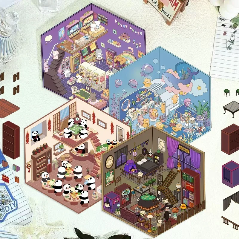 Cartoon Landscaping Stickers Cute Miniature World 3D Hut Xiaohongshu Decompression DIY Scene Notebook Stickers