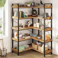 Bookshelf 5 Tier with 4 Hooks Reversible Corner Bookshelf 65" Industrial Wooden Bookcase 2