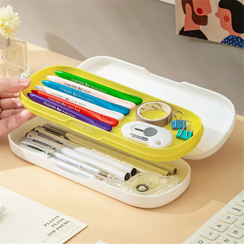 

Simple double layer stationery box children plastic pencil case school supplies storage box student solid color pencil box gifts
