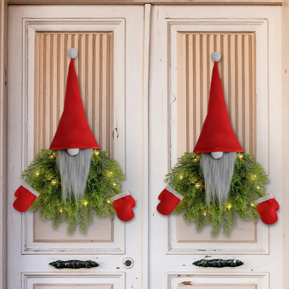 

Festive Wreath Holiday Decoration Glowing Gnome Doll Christmas Wreath Festive Front Door Decoration with Party Scene for Indoor