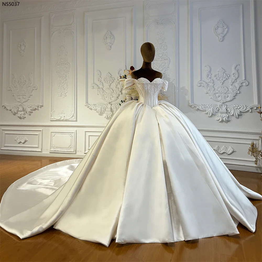 Customized Luxury Square Neck Beaded Pearl Embroidery Shiny Women Wedding Dress Chapel Forma Bridal Gown Vestido De Novia