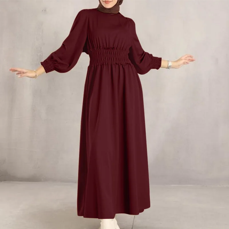 2023 Ramadan Muslim Robe  Islam Abaya Dress Solid Waist Long Sleeve Fashion Robe Femme Musulmane Casual Women's Dress Dubai Robe