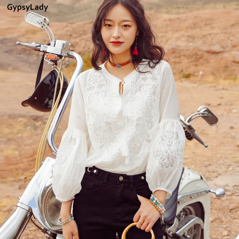 GypsyLady Silk White Embroidery Blouse Shirt 2 Piece Set Lace