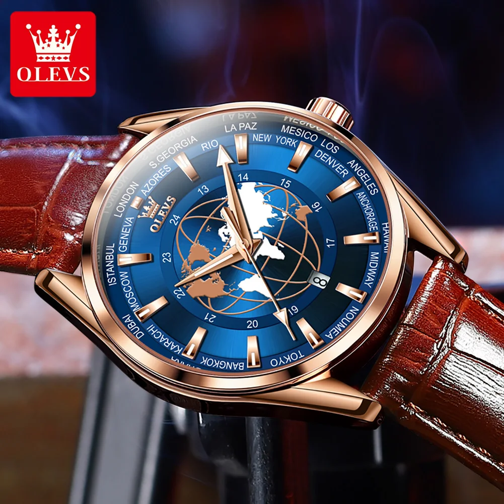 OLEVS Fashion Dial Design Blue Quartz Watch for Men Luxury Leather Waterproof Calendar Sport Mens Wristwatches Relogio Masculino