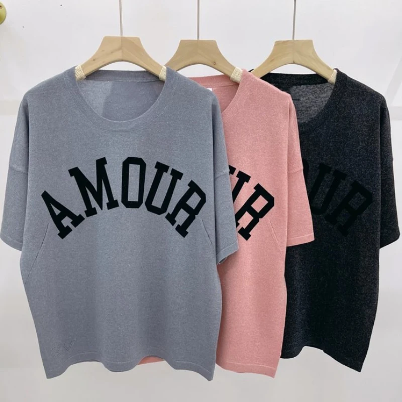 

Letter Flocking Women Linen T-shirts Loose Short Sleeve Round Neck Knitwear Female Casual knit Tees Top