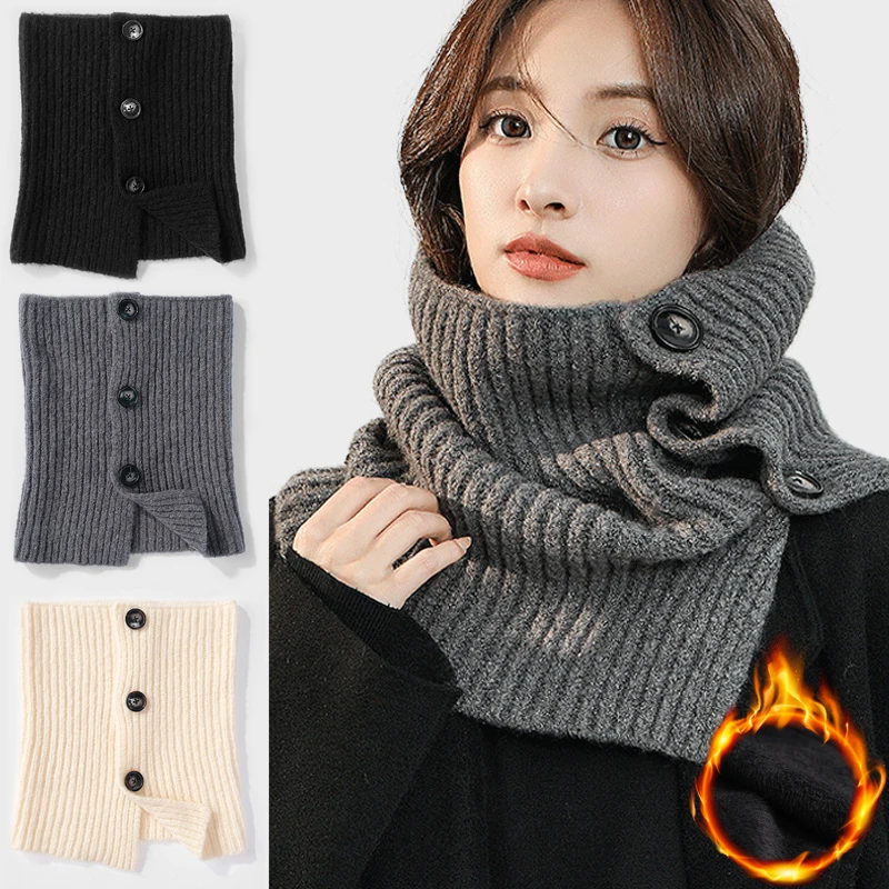 Retro Muffler Warm Knitted Neckerchief with Buckle Autumn Winter Cold-proof Short Scarf Women Fashion Solid Colors Cycling Wrap