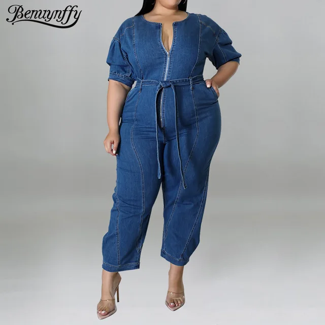 Benuynffy Plus Size Half Zipper Front Belted Jeans Jumpsuit Women 2025 New Streetwear Puff Sleeve Fashion Washed Denim Jumpsuit 1