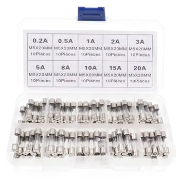 100Pcs Fast-Blow Glass Fuses Assorted Kit 5x20mm 0.2x0.78 Inch F10AL250V 0.2A 0.5A 1A 2A 3A 5A 8A 10A 15A 20A