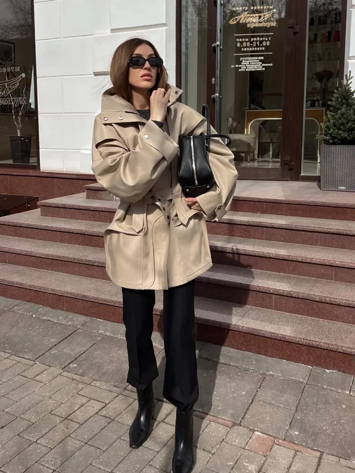 Women Stand Collar Trench Coats Fashion Button Long Sleeve Pocket