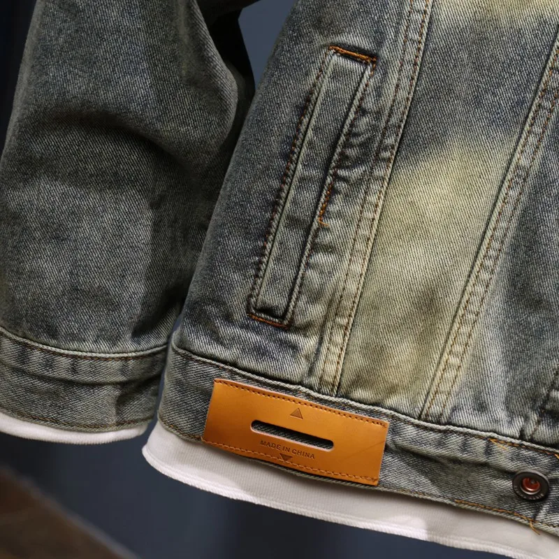 Fashion Nostalgic Denim Jacket Men's Retro Classic Wings Sequin Design Trendy Casual Menswear Motorcycle Jacket