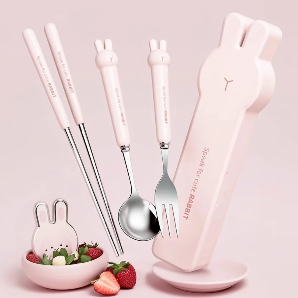 WORTHBUY 3/4PCS 귀여운 휴대용 식기 세트 재사용 가능한 304 스테인레스 스틸 포크 스푼 젓가락 상자 포함 어린이 학생용 식기