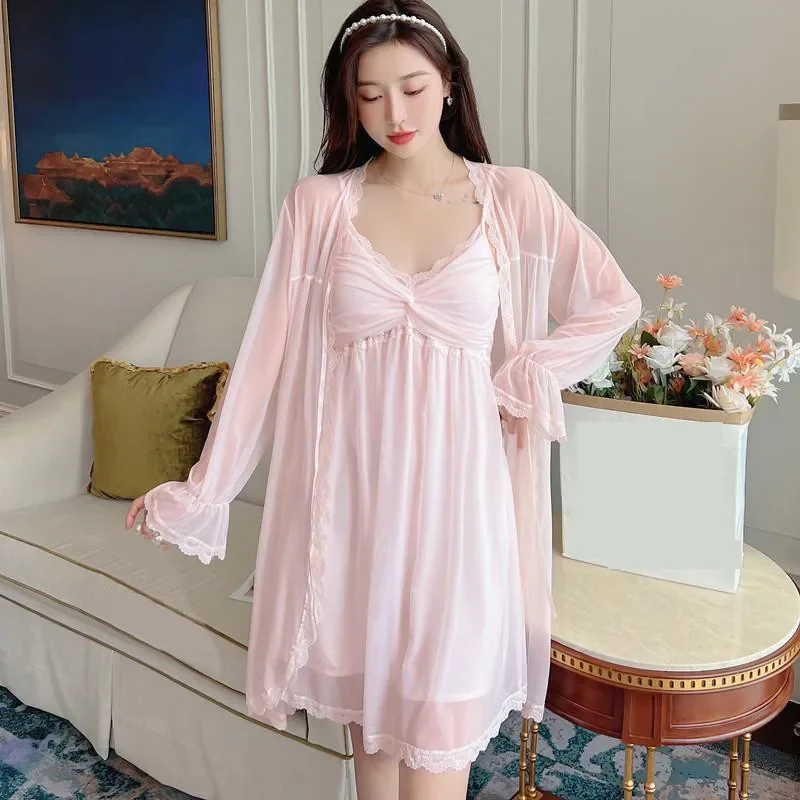 

Sexy 2PCS Robe Nightdress Set Womens Mesh Bathrobe Suit Summer Kimono Sleepwear Chemise Nightgown Lace Home Gown Loungewear