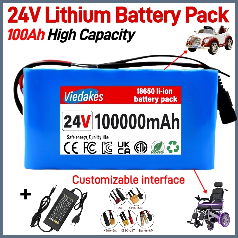 High capacity 7S3P 24V 100Ah Lithium Battery for Wheelchairs 21700 100000mAh Rechargeable Pack with 29.4V 2A Fast Charger