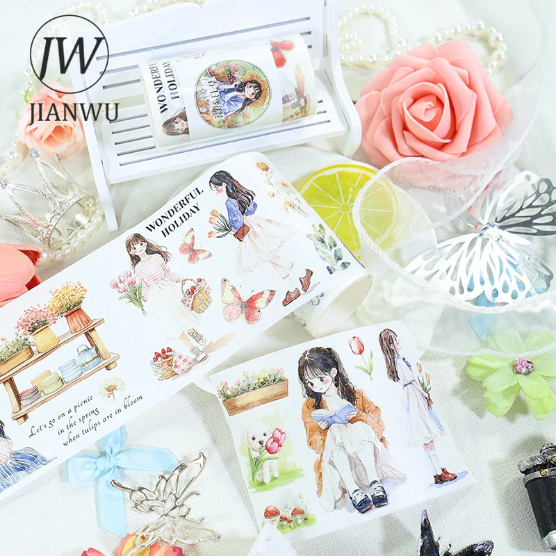 JIANWU 75mm * 200cm 빈티지 소녀 꽃 피크닉 풍경 소재 콜라주 스크랩북킹 와시 테이프 크리 에이 티브 DIY 저널 문구