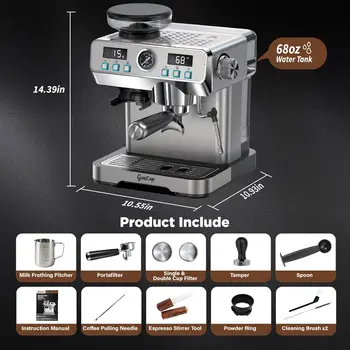 20 Bar Espresso Machine with Grinder, PID Temp Control 194-203°F, 68oz Tank, Cold Brew, All-in-One for Home 2
