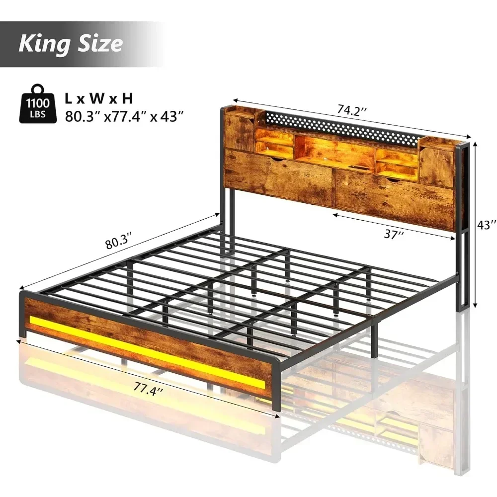 King Size Bed Frame and Storage Headboard, LED Bed Frame with USB Charging Station, Metal Platform Bed Frame King with Hidden 2
