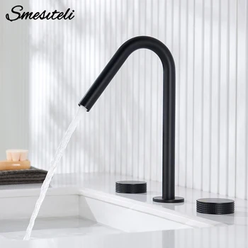 3PCS Matte สีดําก๊อกน้ําอ่างล้างหน้า Hot & Cold Sink Mixer Deck Mounted Double Knurled จับ 3 หลุมแพร่หลายก๊อกน้ําห้องน้ํา Tap kit 1