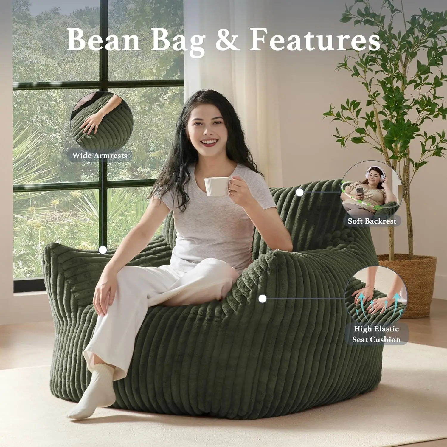 Giant Plush Bean Bag Chair for Adults, Teen, Kids with Armrests - Oversized Comfy Green Beanbag Lounge Floor Sofa Accent Chair