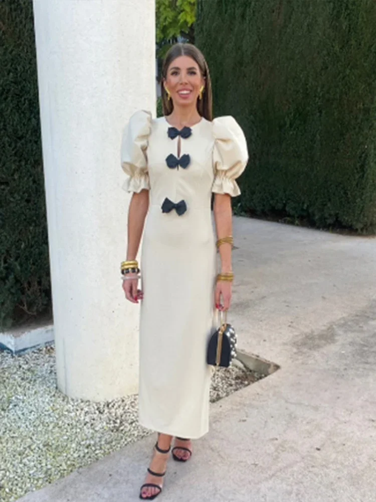 

2024 Chic Short Puff Sleeves Bow Midi Dress Women Elegant Round Neck Slim Fit Dresses Female Spring Summer Party Club Vestidos