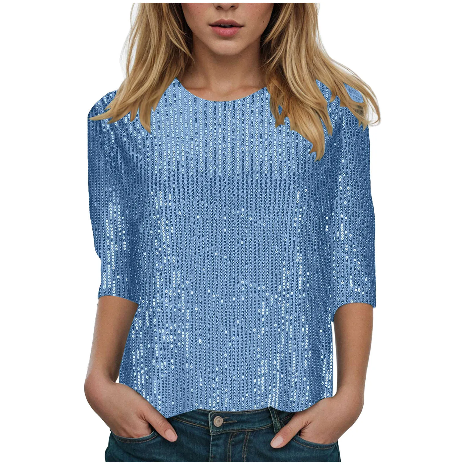 Woman wearing glitter sequin quarter sleeve T-shirt with round neck in a festive club wear setting 010