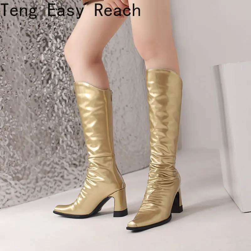 2023 New women's patent leather knee-high boots stylish white squareToe zipper chunky heels in candy color Boots Size 34-43