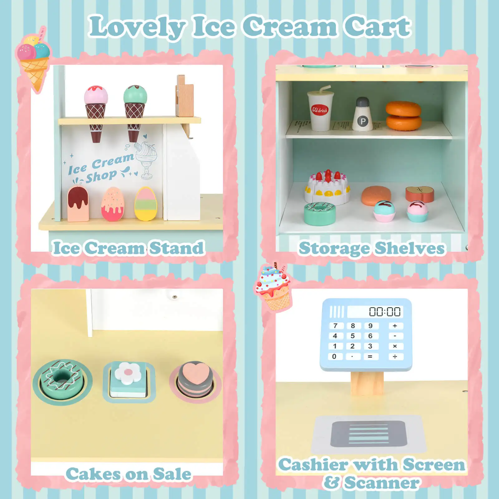Kids Ice Cream Cart with Vending Machine & Ice Cream Maker Toys Display Stand 6