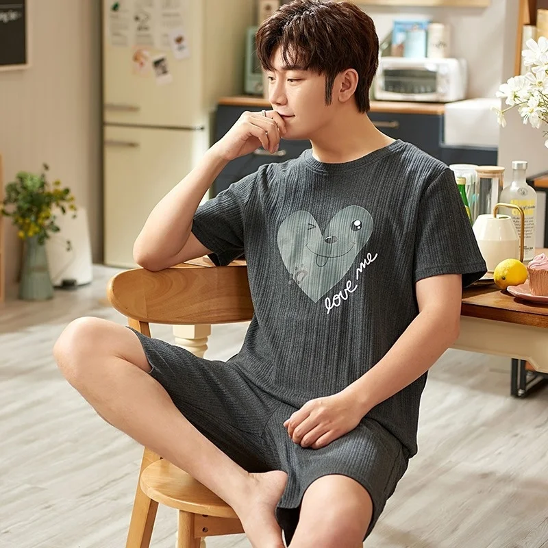 Pajamas Men's Summer Cotton Short Sleeve Shorts Casual Simple Loose Large  Round Neck Wear Home Suit