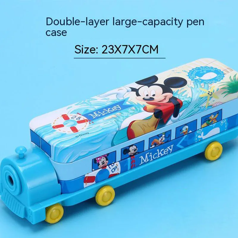 

23cm Disney Animation Figure Mickey Tinplate Stationery Box Locomotive Small Car Bus Minnie Children's Pencil Box Birthday Gift