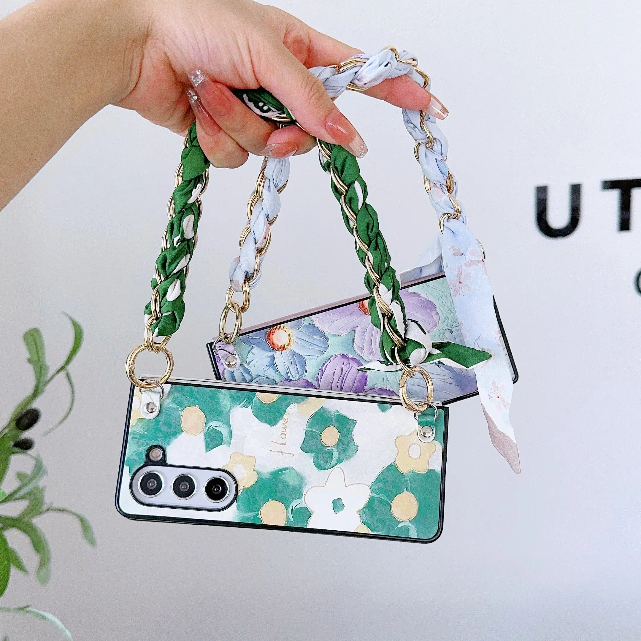 Floral PU Leather Phone Case with Hinge Protection & Scarf Wrist Chain Bracelet