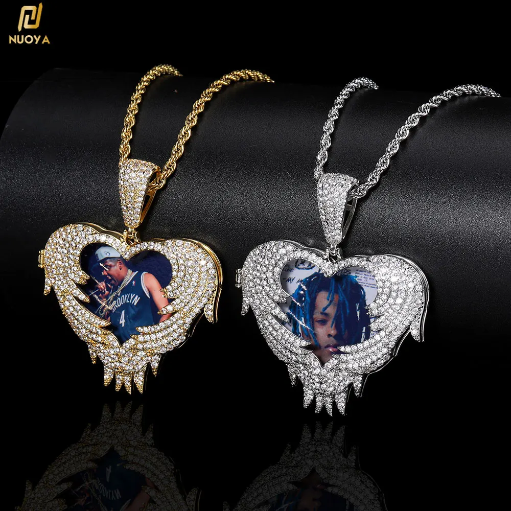 Hip Hop Memorial Jewelry Micro Inlaid Zircon Pendent Flip Love Heart Custom Photo Pendant Necklace