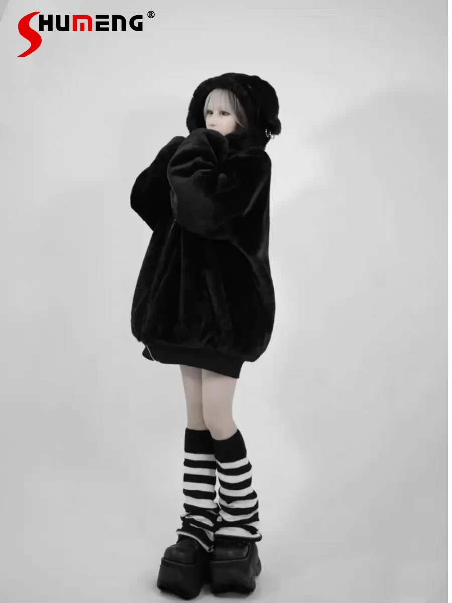 Japanese Style Punk Loose Fur Coat Autumn and Winter Harajuku Style Asian Mine Style Long Sleeve Lamb Ears Hooded Plush Coats