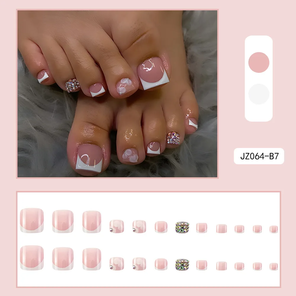 French Design Press-On Toe Nails - 24 Pcs Summer Acrylic Reusable Set with Tool Kit