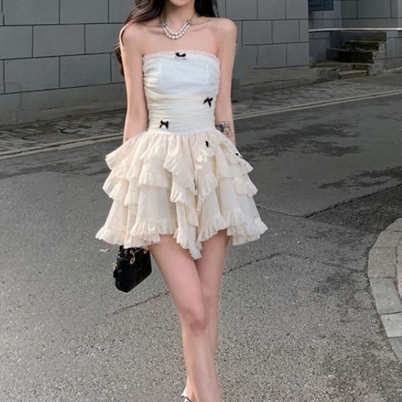 

Chic And Kawaii Cascading Ruffle Fairy Mini Women 2024 Summer Elegant Backless Female One Shoulder Strapless Party Dress
