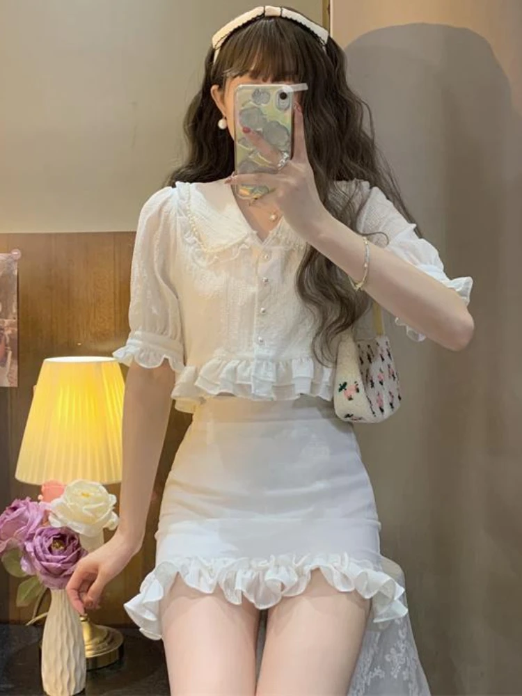 2022 Summer Chiffon Pearls Sweet Two Piece Sets Women Korean Lace Ruffle Flounce Kawaii Mini Skirt Set Female Slim Fit Party Set