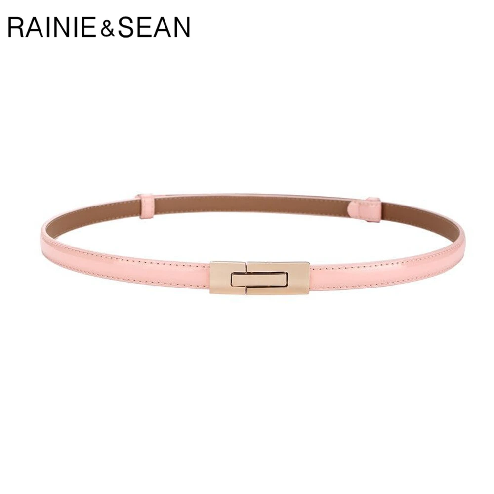 RAINIE SEAN Pink Belt Thin Women Belt Patent Leather Ladies Waist Belt for Dress Cowskin Strap Accessories 96cm