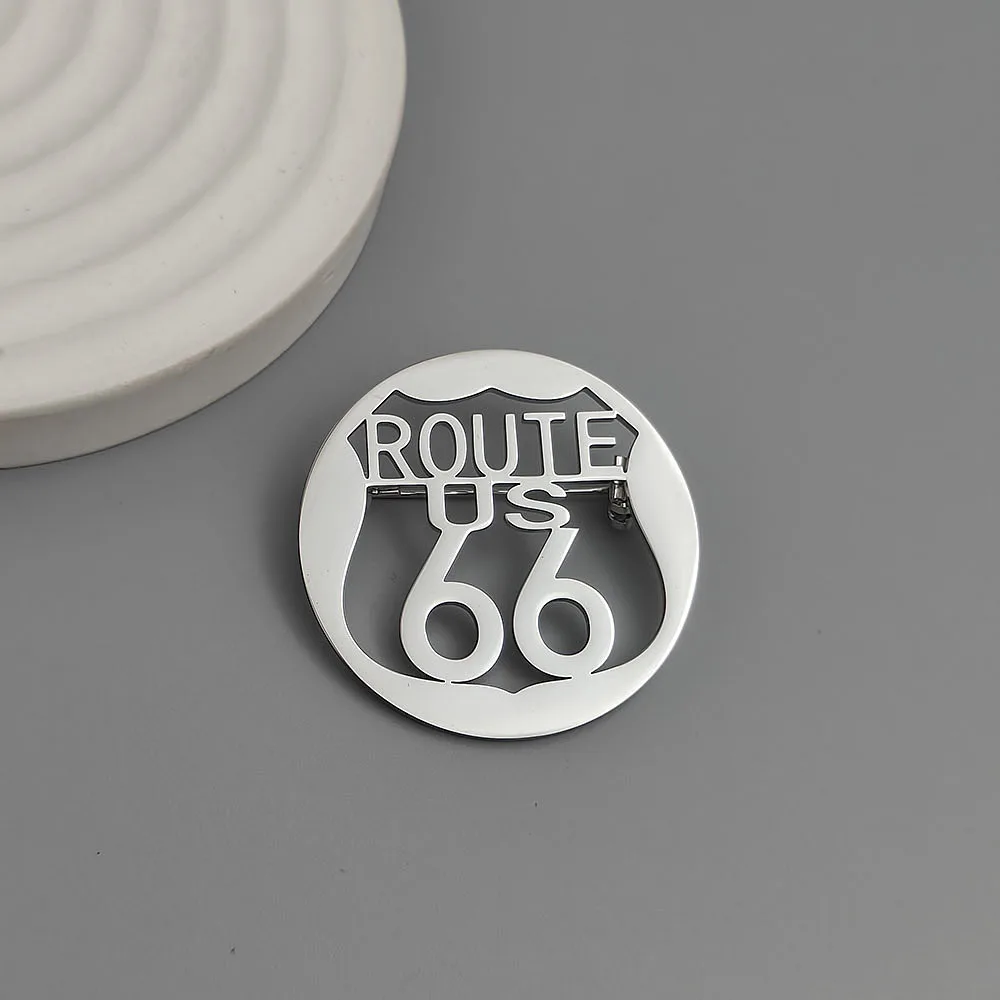 Route 66 hollow-cut stainless steel lapel pin in Silver finish, close-up showing cutout detail