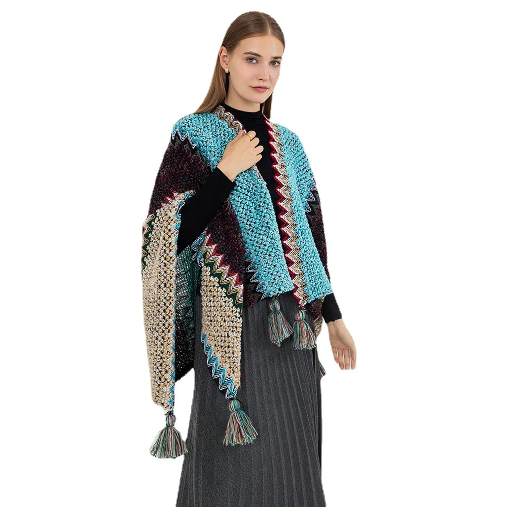 Women Spring Autumn Bohemia Shawl Lady Knitted Cardigan Coat Woolen Yarn Wrap Ethnic Sweater Winter Manta with Tassels Drop Ship women cashmere feeling shawl lady classic plaid cape spring autumn retro cardigan winter cloak with tassels soft large blanket