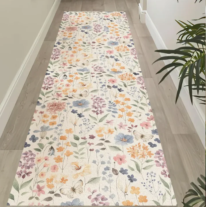שטיח רץ בוהו פלורל שחור שטיח מסדרון צבעוני כניסה למטבח רצפה קישוט שטיח ירוק וינטאג' קוטג'קור פלורל