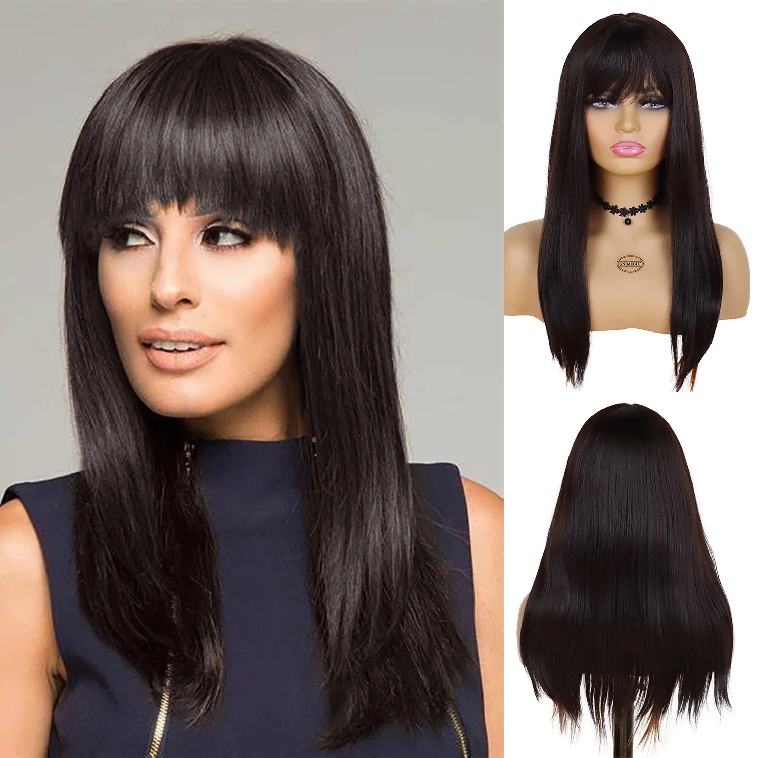 Synthetic Mix Dark Brown 25 Inch Long Wig for Women Straight Wigs with ...