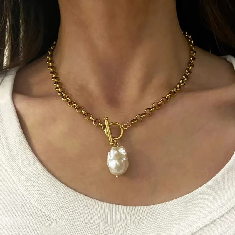 

Punk Gold-color Round Chain Necklace Fashion High Quality Baroque Natural Pearl Pendant Decorative Jewelry Popular INS Style