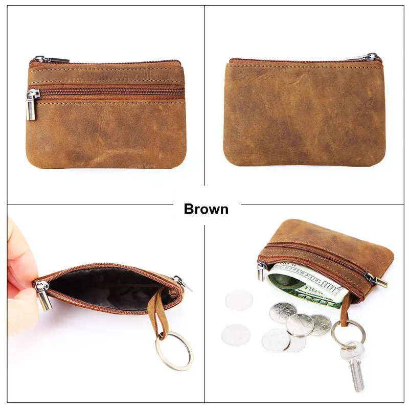 Vintage Genuine Leather Coin Purse with Keychain - Cowhide Zipper Wallet & Key Holder