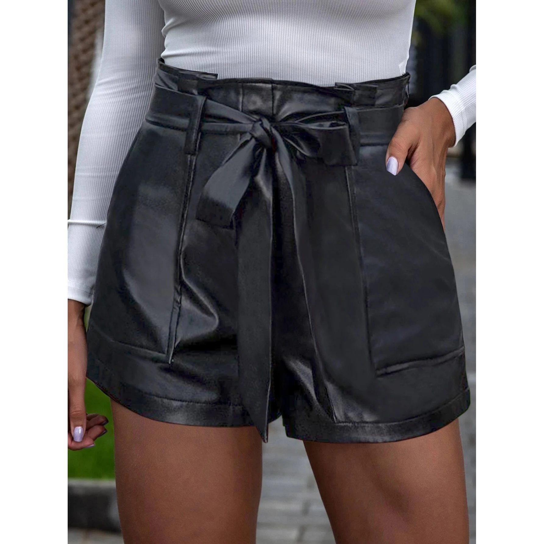 

Flare Leather Pu Short Pants Women Casual Cargo high Waist Belted Slant Pocket Tie Front Waist Faux Shorts