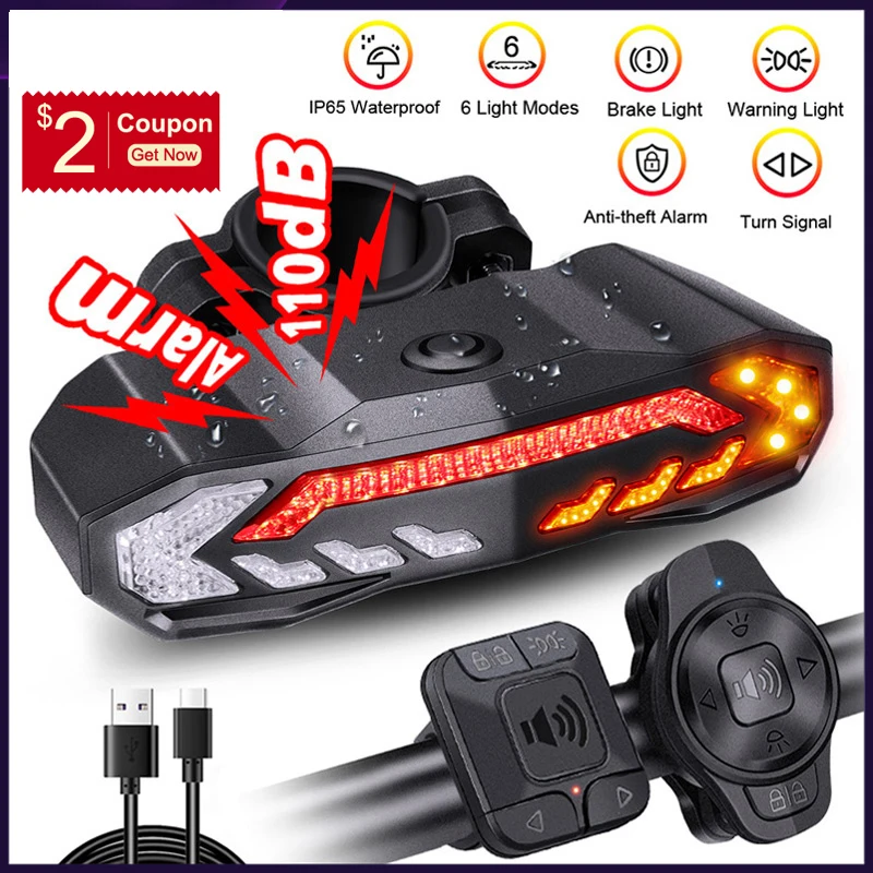 

New Wireless Bicycle Alarm Rear Tail Light With Turn Signal IP65 Waterproof Remote Control USB Bike Brake Taillight