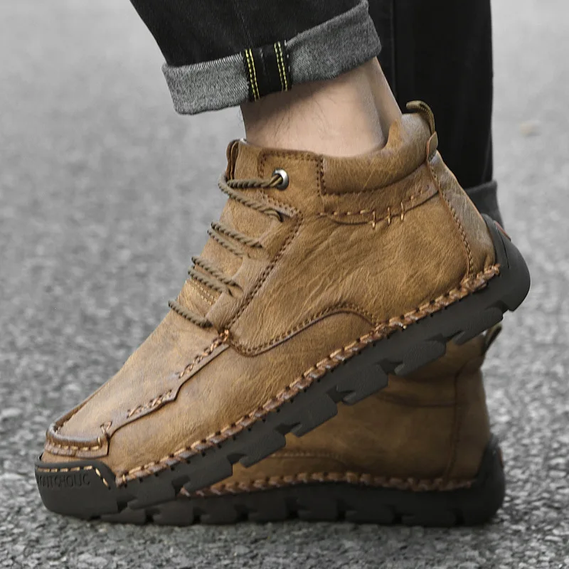 Men's PU Leather Lace-up Sneakers - Casual Walking Shoes Boots - Comfortable And Breathable