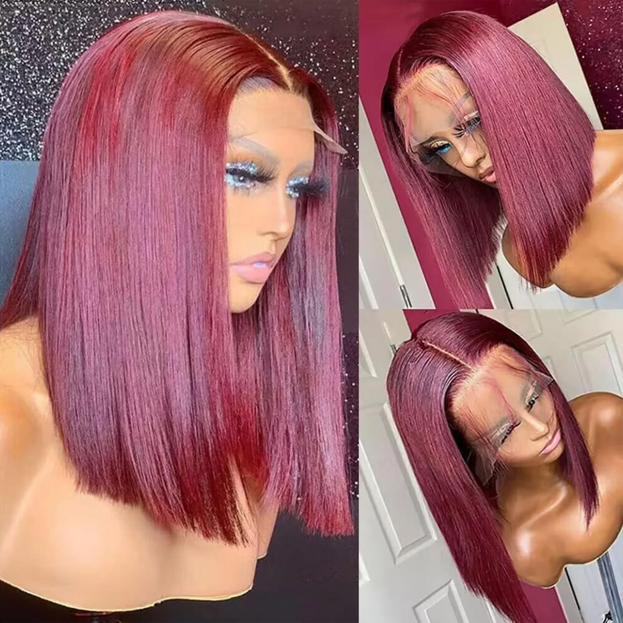 250% Dichte Knochenglatte 13x4 HD Lace Frontal Perücken 99J Burgunderrote Bob Echthaar-Perücke 7x5 Klebefreie Perücken für Frauen Vorgeschnitten – Detail 9