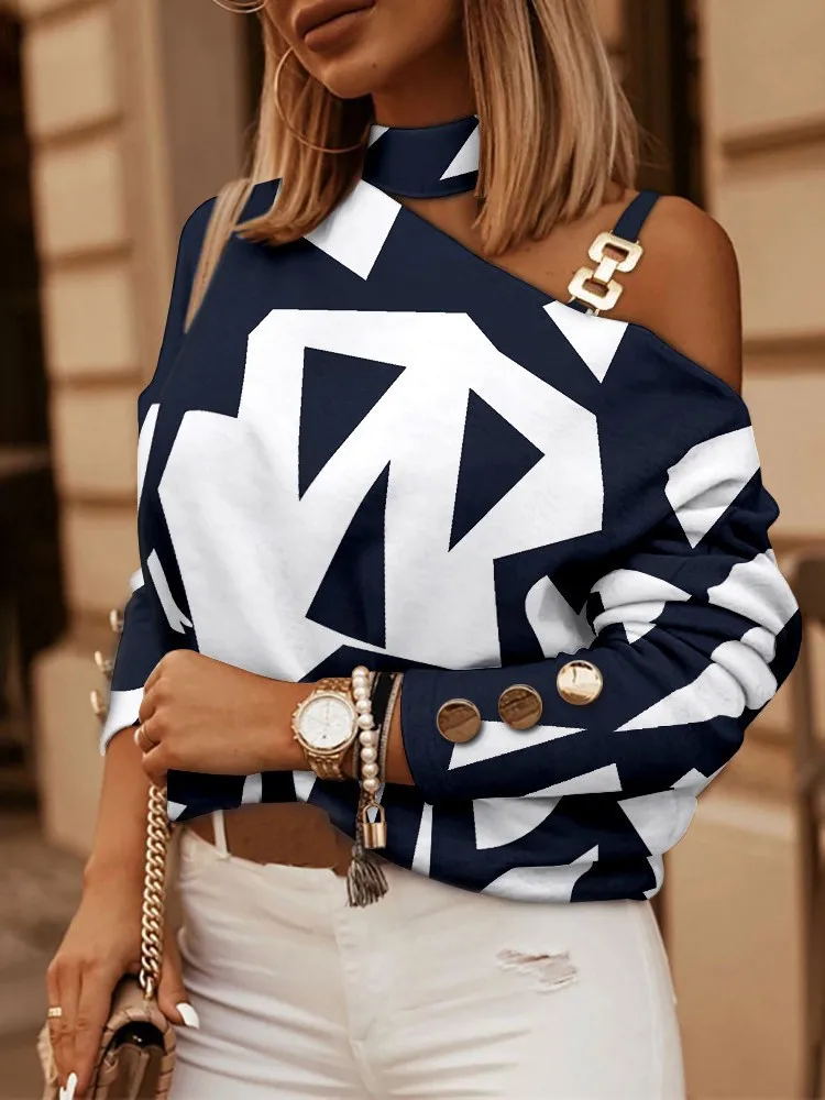 

Осень-весна 2023, модный топ с длинными рукавами и принтом на цепочке, украшенный пуговицами, Женская винтажная одежда