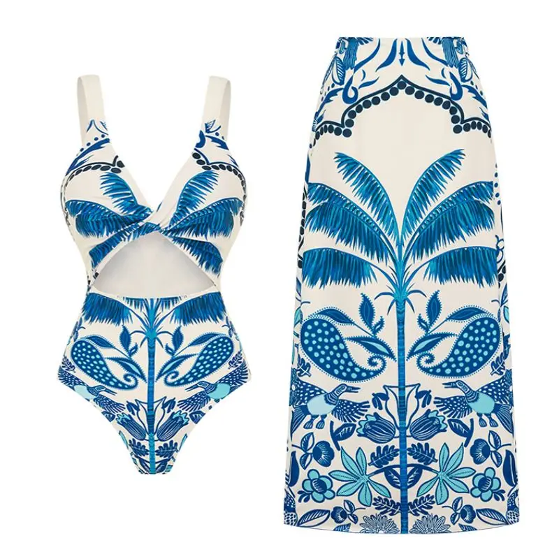 

2024 Swimsuit Sling Cut Out Coconut Tree Printed One Piece Women Swimwear Vacation Beachwear Clearance Wholesale