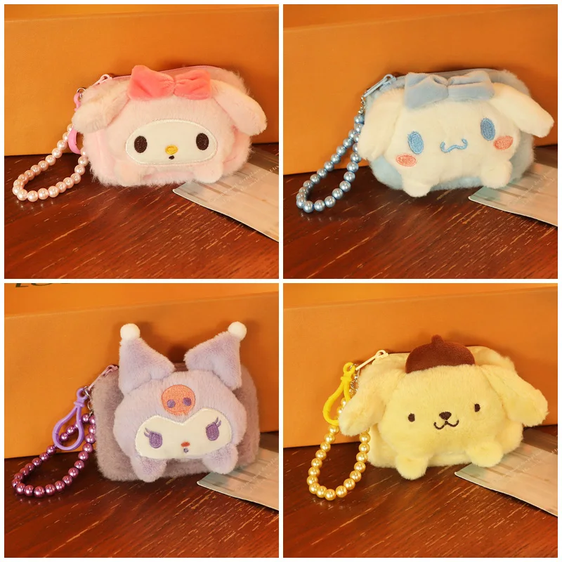 

Sanrio Plush Handbag Kawaii My Melody Cinnamoroll Wallet Kuromi Coin Purse Pearl Chain Pendants Headphone Data Cable Storage Bag