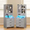 Grey Nightstand Set of 2 with Charging Station,49.2" LED Night Stand for Bedroom,Tall Bedside Table with Bookshelf and Drawers, 1
